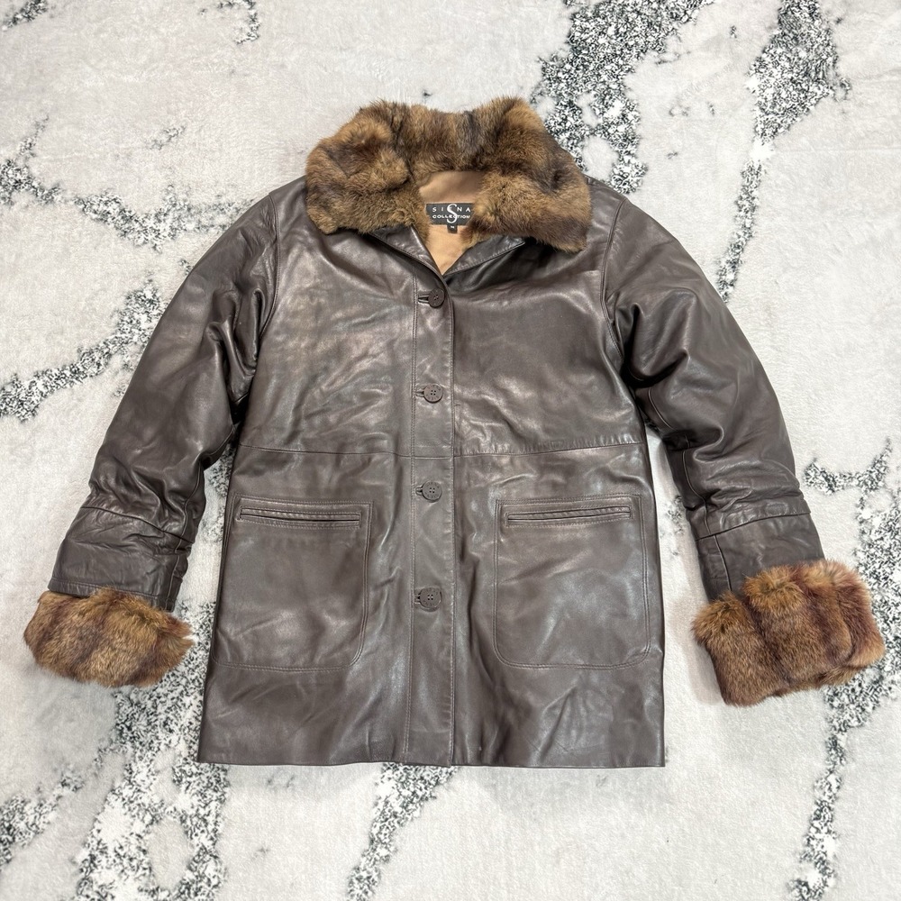 Siena Collection Womens Size M Brown Genuine Leather Coat Fur Collar Cuffs USA